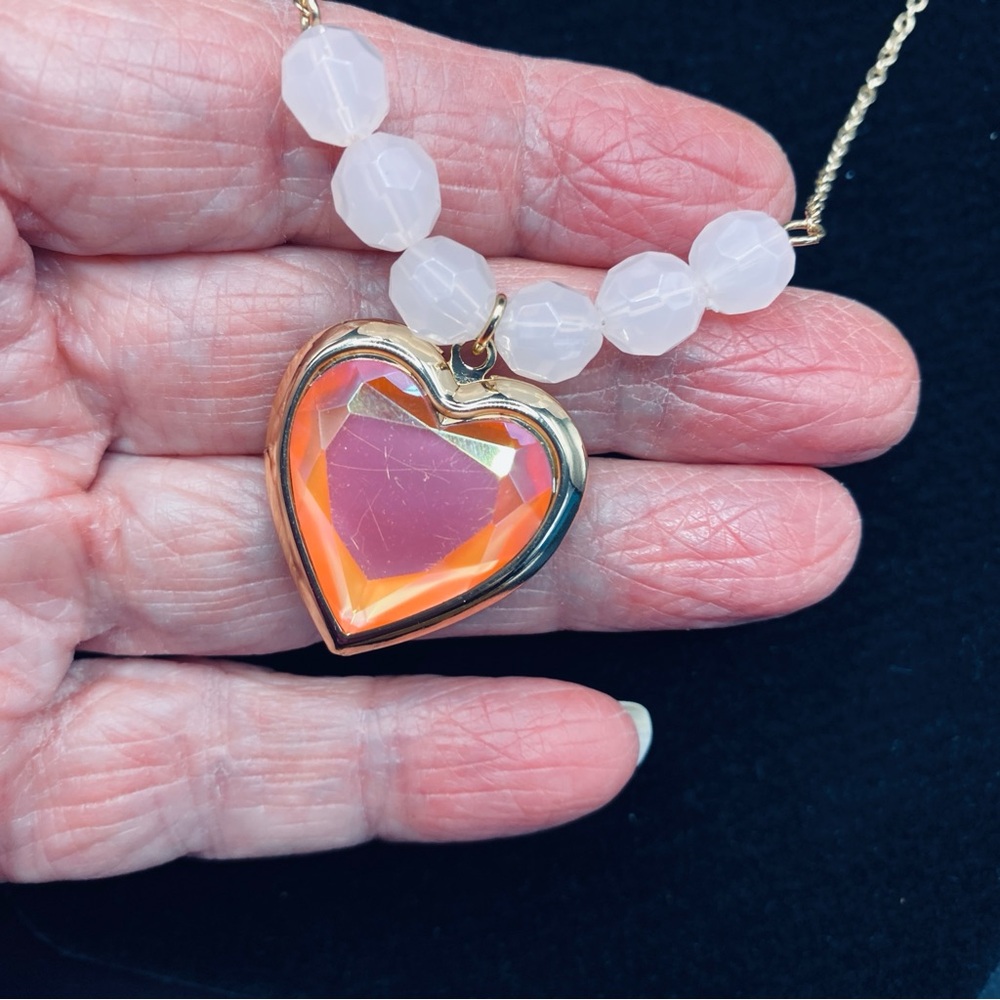Heart Locket Pink Beads Goldtone Reversible Chain 16”-18.5”